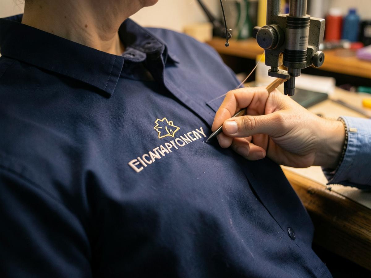 A company logo being embroidered onto a navy uniform shirt