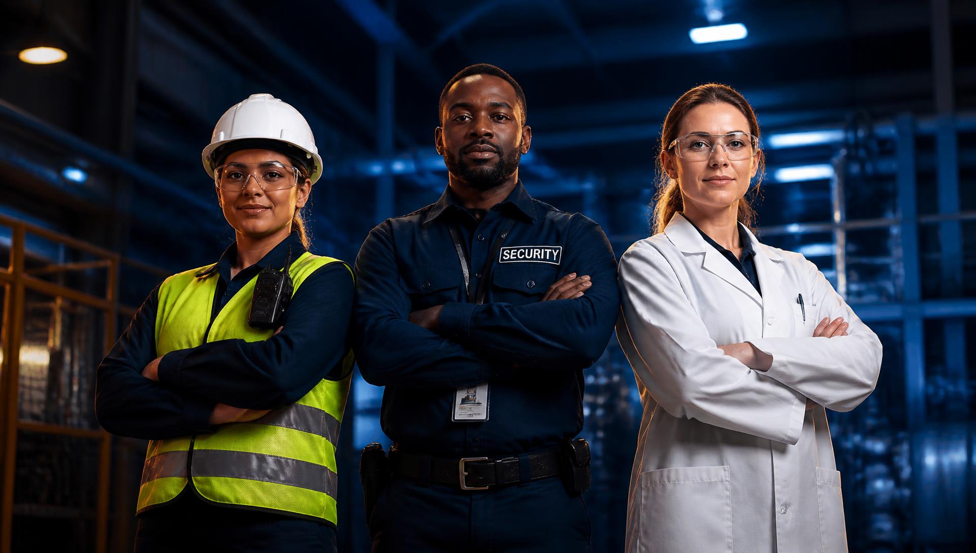 Workers wearing a reflective safety vest, security uniform and laboratory coat